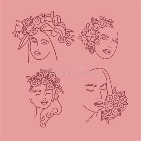 Woman Face With Flowers One Line Drawing Collection Continuous Line