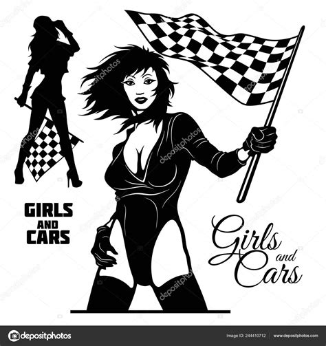 Street Racing Sexy Sport Girls With Starting The Checkered Flags Auto