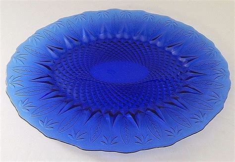 Avon Royal Sapphire Cobalt Blue Glass Oval Serving Platter Leaf Pattern France Avon Glassware
