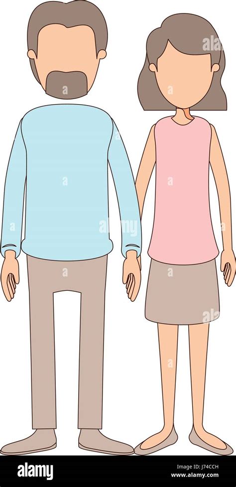 Light Color Caricature Faceless Full Body Couple Woman With Wavy Short