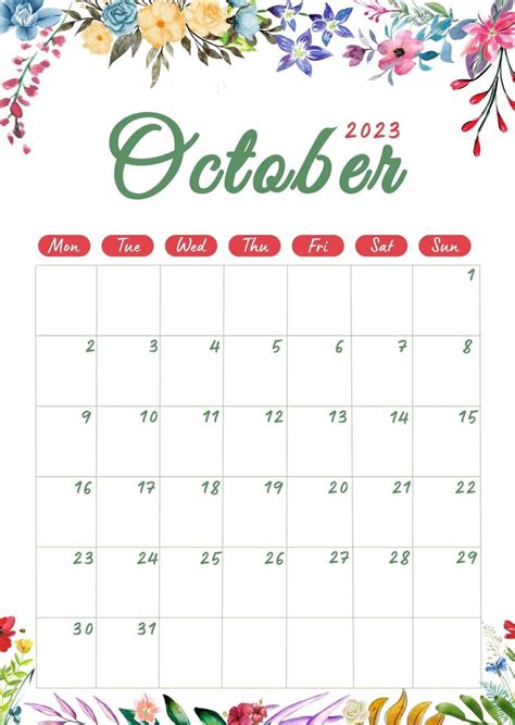 October 2023 Floral Watercolor Calendar Digital Calendar Art Calendar
