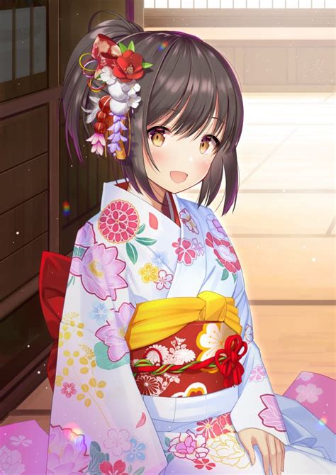 Download 800x1280 Anime Girl Kimono Brown Hair Smiling Flowers