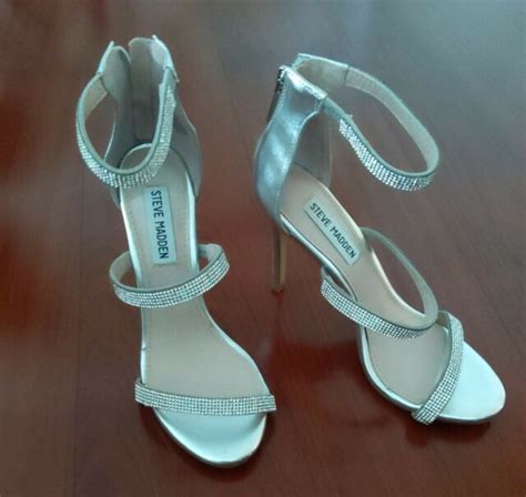 steve madden women s rhinestone metallic silver ankle strap high heels size 6 5 ebay