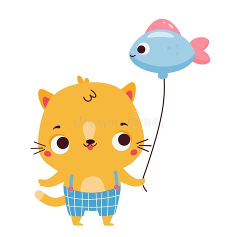 Cute Kitten With Balloon Cartoon Cat Animal Character For Kids And