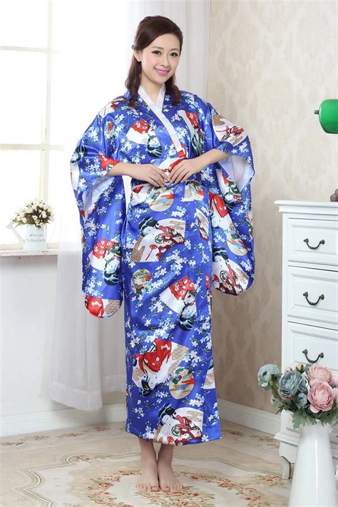 New Style Blue Flower Japanese Women Kimono Sexy Silk Satin Yukata With Obi Lady Vintage Evening