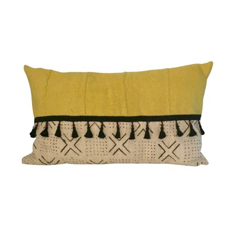 Yellow Lumbar Pillow, Authentic Mud Cloth Pillow, Fringe Pillow, Boho Pillow, Long Throw Pillow ...