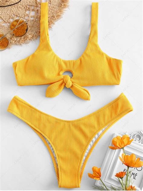 [23 off] 2021 zaful knot textured ribbed bikini set in sun yellow zaful