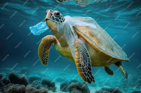 Premium Photo | Sea turtle swimming with plastic bag underwater animals
