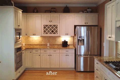 Golden oak kitchen cabinets with white geometric tiles. Painted Cabinets Nashville TN Before and After Photos