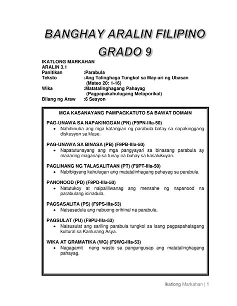Instructional Materials Banghay Aralin Sa Filipino Grado Unang My Xxx