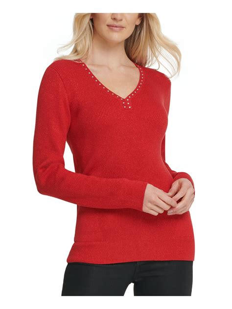 Dkny Womens Red Long Sleeve V Neck Top Size Xs Ebay