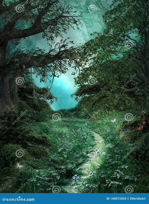 Mysterious Pathway In The Green Magic Forest Stock Illustration