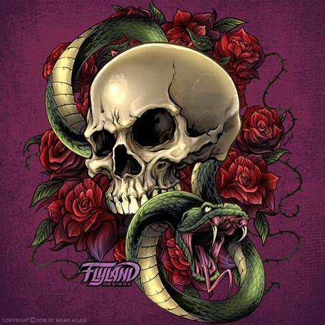 Snake Skull With Roses Flyland Designs Freelance Illustration And