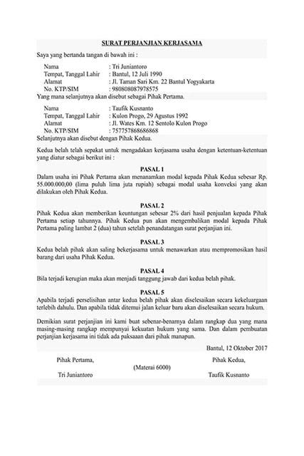 10 Contoh Surat Perjanjian Kerjasama Yang Baik Dan Benar