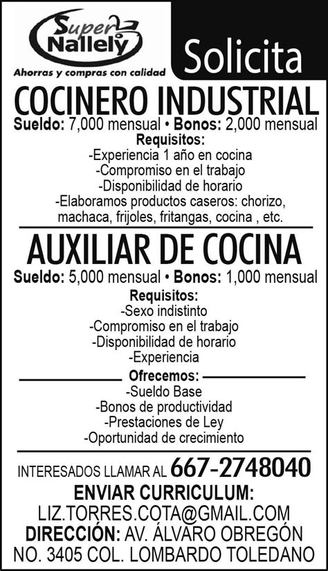 Solicito Cocinero Industrial Y Auxiliar De Cocina