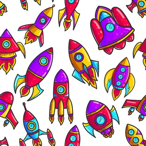 Cartoon Rockets Hand Drawn Color Seamless Pattern Cute Space Shuttles