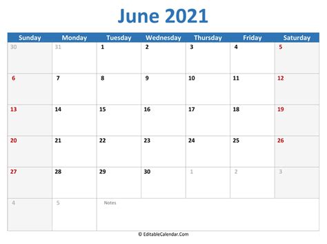 Download 2021 Printable Calendar June Word Version