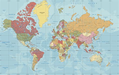 Detailed Political World Map In Mercator Projection Stock Illustration