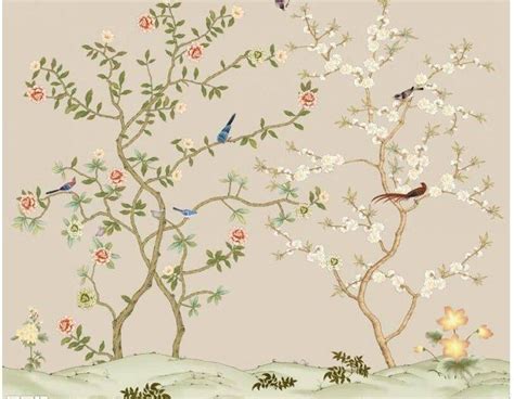 Hand Painted Cherry Tree Chinoiserie Wallpaper Wall Mural Vintage