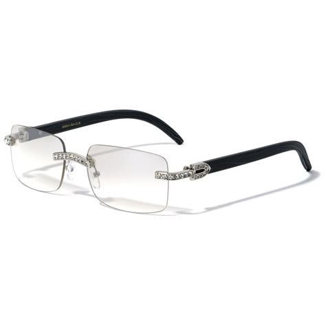 Men Rectangular Frame Clear Lens Designer Rimless Eyeglasses Rhinestones Glasses Frame Gold