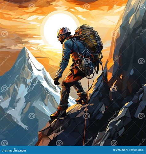 Futuristic Climber Ascending a Towering Mountain Peak Stock