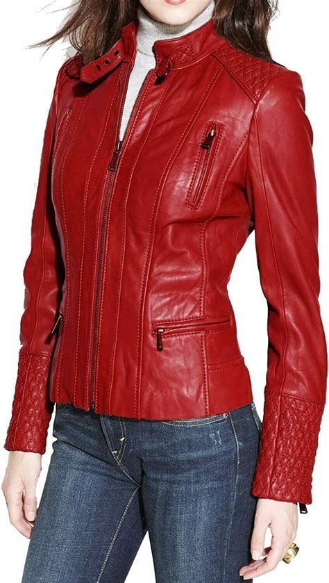 Hot Womens Pure Lambskin Leather Jacket Biker Red Quilted Trendy Fashion Coat Zaharani