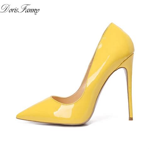 Dorisfanny Patent Leather 2018 Yellow Thin High Heels Women Pumps 12cm