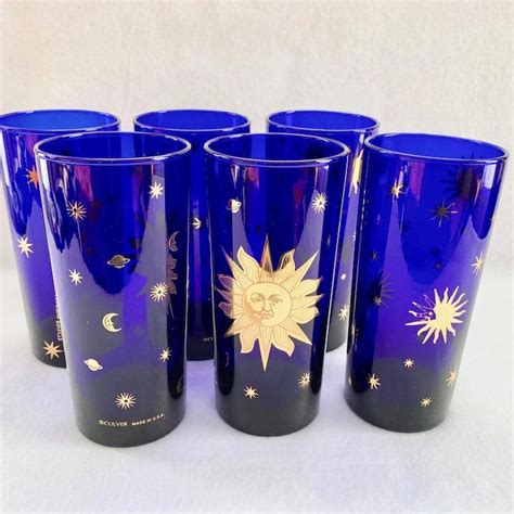 Culver Glass Cosmos Cobalt Blue With 22k Gold Sun Stars And Planets Mid Century Highball
