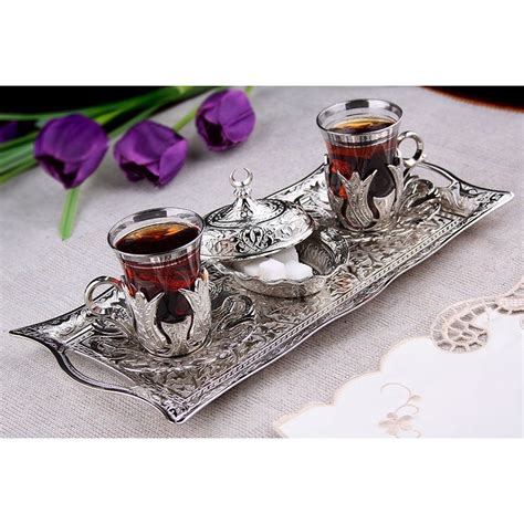 Silver Turkish Tea Glasses Set For Two People With Tray FairTurk Com