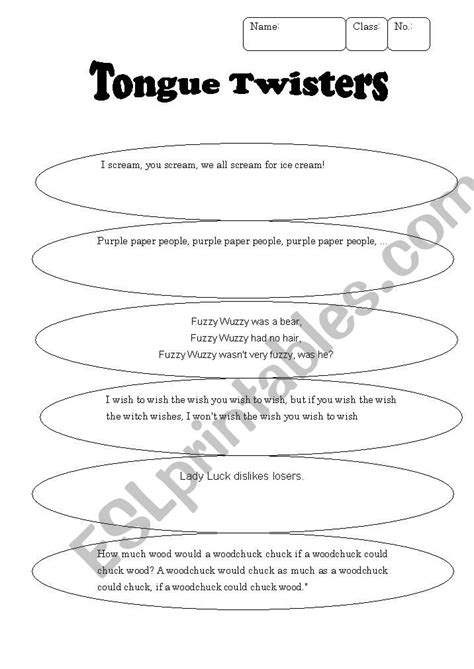 Tongue Twisters Esl Worksheet By Lhour001