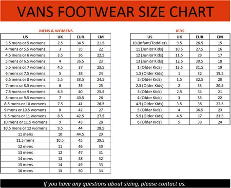 Vans Size Chart Brand House Direct