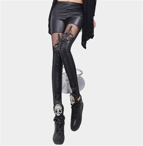 Fashion Punk Gothic Black Lace Patchwork Leggings Women Sexy Pu Leather