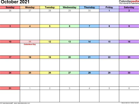 October 2021 Calendars For Word Excel And Pdf