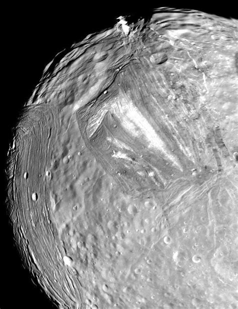 Miranda One Of Uranuss 27 Moons Composite Image Of The Southern Hemisphere Of Miranda