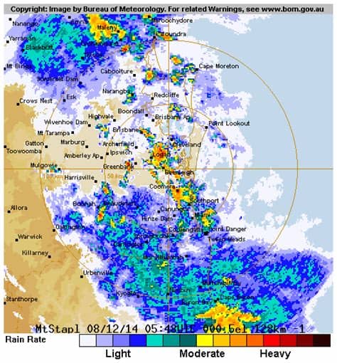 The radar was stuck by lightning in yesterday's storms. 128 km Brisbane (Mt Stapylton) Radar (With images ...