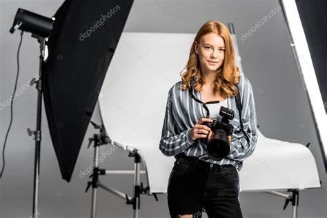 Beautiful Young Female Photographer Working Professional Photo Studio