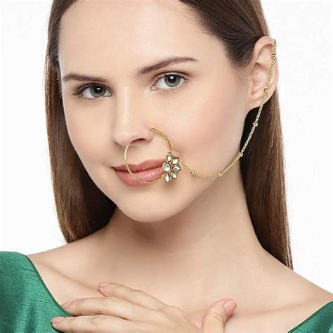 Accessher Ad Nose Ring With Chain Indian Bollywood Ad Nose Ringnath With Pearl Layered Chain