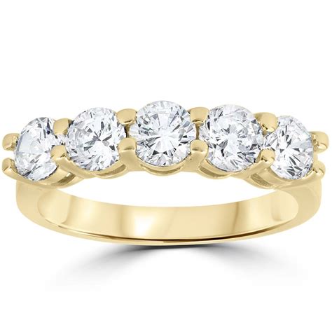 Pompeii3 2 Ct Real Diamond Wedding Ring 14k Yellow Gold 5 Stone Womens Anniversary Band
