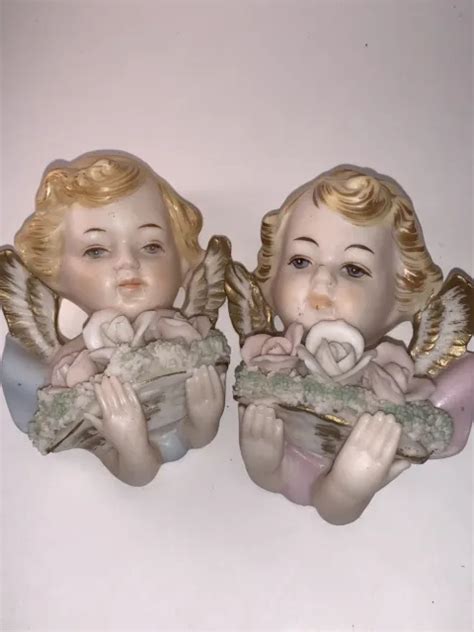 Pair Vintage Tilso Japan Cherub Angel Face Porcelain Wall Hanging Roses