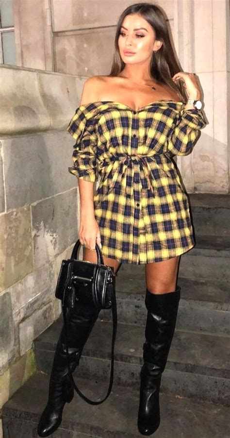 knee high boots outfit with plaid mini dress high knee boots outfit minimal dress maxi