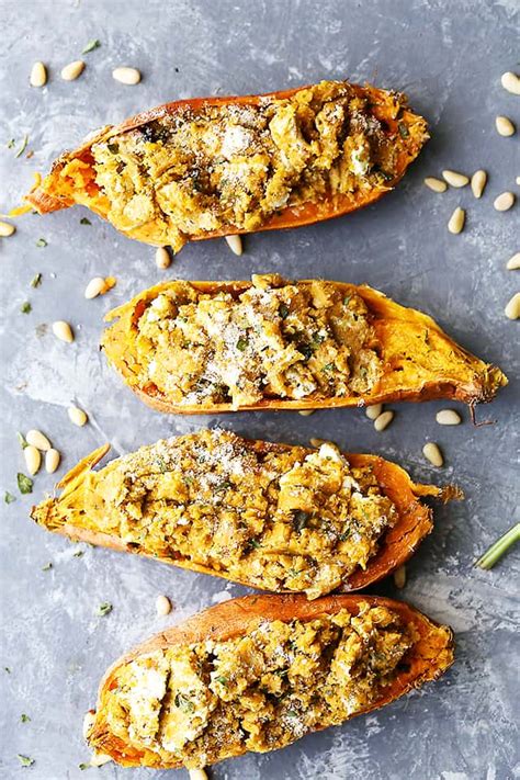 50 g (2oz) each black olives and marinated red pepper, chopped. Cheesy Twice Baked Sweet Potatoes with Basil Pesto - Diethood