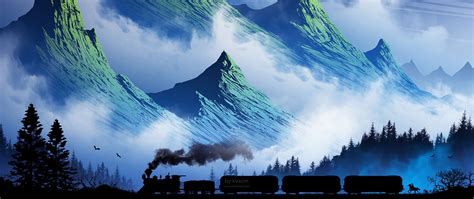 Download Wallpaper 2560x1080 Train Mountains Art Fog