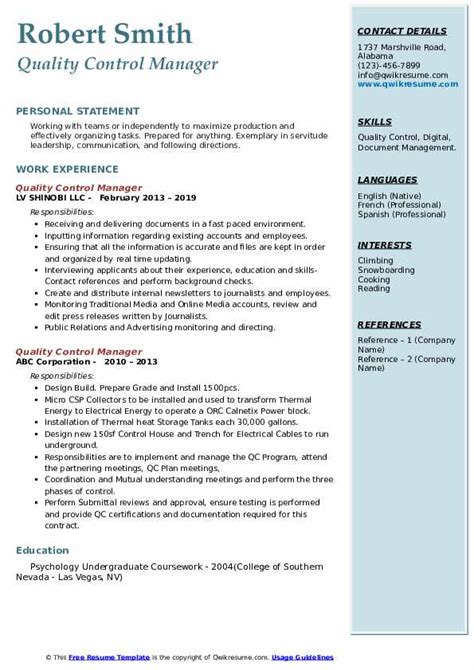 Read our management resume guide and learn how to take a manager's resume to the next level. Quality Control Manager Resume Samples | QwikResume