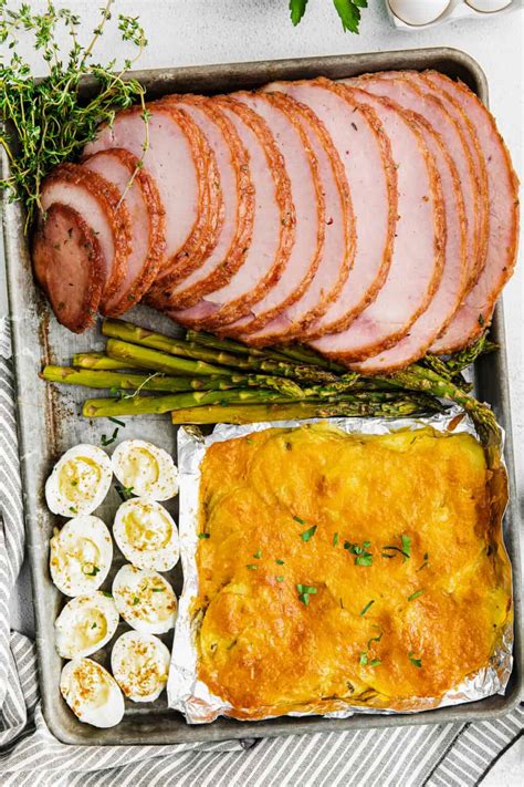 Sheet Pan Easter Dinner With Ham Scalloped Potatoes Asparagus And