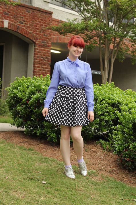 Work Outfit Navy Polka Dot Skirt Purple Tie Neck Blouse And Silver Oxfords