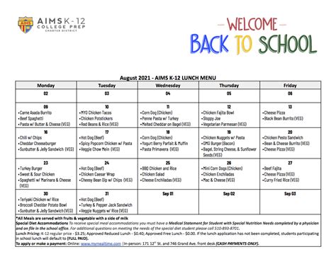 Lunch Menu For August 2021 — Aims K 12