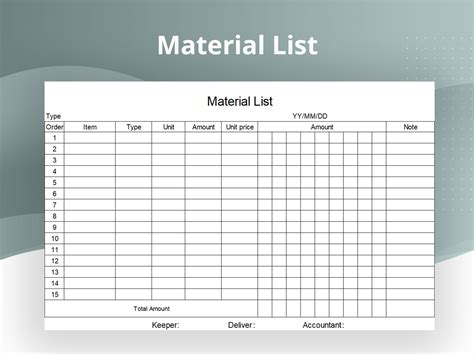 Material List Excel Template