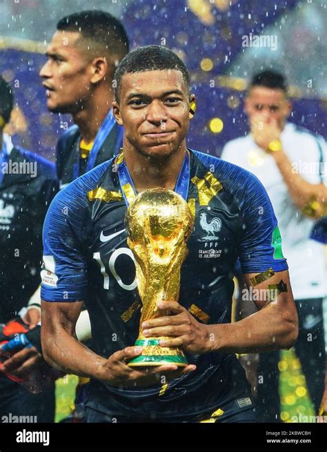 kylian mbappé with the world cup trophy the fifa world cup match france versus croatia at