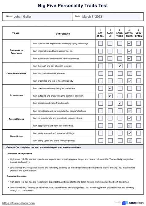 Big 5 Personality Test And Example Free Pdf Download