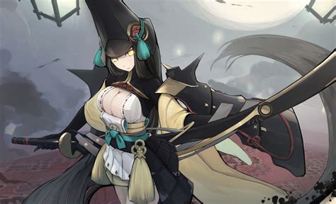Wallpaper Anime Girl Long Sword Black Hair Dress Moon